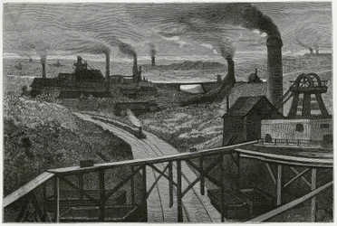 Kullgruvedrift og terrils (aspekter av contree boraine). Gravering av Constant Meunier, for å illustrere historien "" Belgia", av Camille Lemonnier (1844-1913) belgisk forfatter. Publisert i Le Tour du monde, nouveau journal des voyages, 2. semester 1884, 