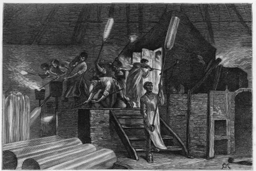 Inne i et glass, i Lodelinsart (eller Lodlinsat, i byen Charleroi). Gravering av Constant Meunier, for å illustrere historien "" Belgia", av Camille Lemonnier (1844-1913) belgisk forfatter. Publisert i Le Tour du monde, nouveau journal des voyages, 2