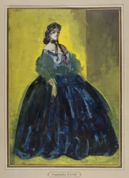 Studie av en stående kvinne, blå kjole mot gul og grønn bakgrunn, omkring 1865