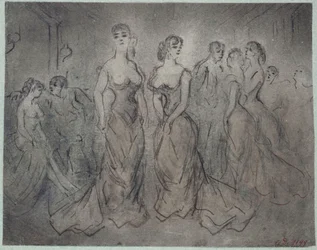Interiørscene fra et bordell, kvinner og menn, omkring 1875