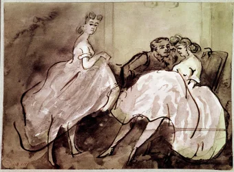 To prostituerte og en forførelse Scene-klient på et bordell. Tegning av Constantin Guys (1805-1892) Paris fra 1800-tallet, Musee Carnavalet