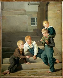 Gutter som spiller terninger foran Christiansborg slott i København (maleri på lerret)