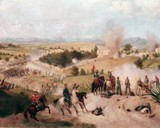 Amerikansk-meksikansk krig: utsikt over slaget ved Molino del Rey 08.09.1847 - (meksikansk-amerikansk krig, utsikt over slaget ved Molino del Rey) Detaljmaleri av Constantino Escalante (1836-1868)