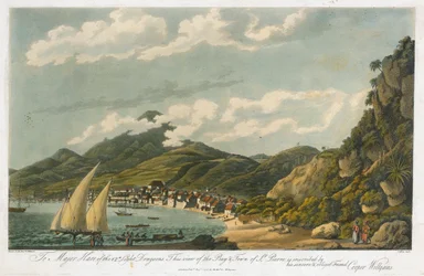 Utsikt over bukten og byen Saint Pierre (Martinique). Litografi (42,3 x 56 cm) av Cooper Williams (1762–1816)