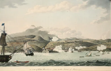 S.W. utsikt over Fortene Bourbon og Louis på øya Martinique, illustrasjon fra 