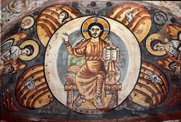 Koptisk kunst: «Kristus i majestet (i herlighet)». Symbolene på de fire evangelistene (tetramorf: Engelen, Ørnen, Oksen og Løven). Freske som dekorerer en nisje, 5.-6. århundre. Kairo, Det koptiske museet, Egypt