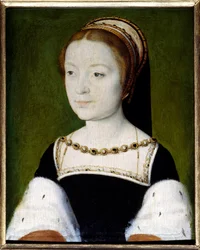 Portrett av Madeleine av Frankrike (1443-1495), eldste datter av Frans I, dronning av Skottland, Jakob Vs første hustru. Maleri av Corneille de Lyon (Corneille de La Haye) (1500/1510-1574). Mål: 0,22 x 0,31. Versailles, Musée du Château