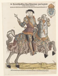 Portrett av Henrik II av Frankrike i rustning på hesteryggen, til høyre