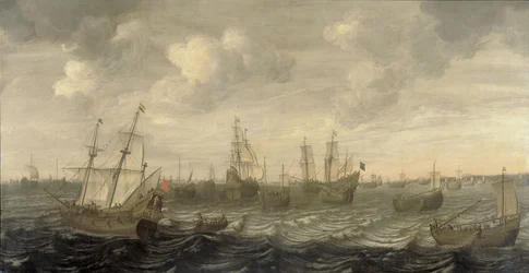 Den nederlandske sildflåten på fiskeplassene (olje på lerret)