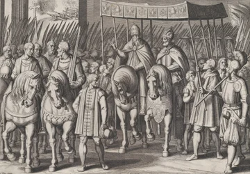 Plate 3: Charles V kronet keiser inn i Roma med paven, fra triumfene til Charl..., 1614.