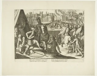 Verovering av Roma, 1527, nr. 2 Scener uit het leven van Karel V (serietittel) Livet til keiser Charles V. i svært vakre dyptrykk, inngravert på designene til den berømte A. Tempeste, av to av de mest dyktige mestere J. de Gein & C. Boel. På