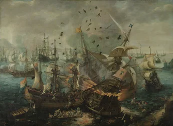 Eksplosjonen av det spanske flaggskipet under slaget ved Gibraltar, ca. 1621 (olje på lerret)
