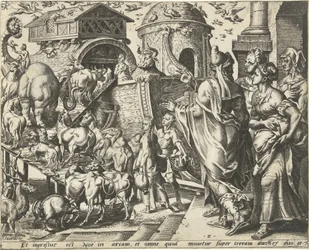 Noah går ombord i arken med familien sin og dyrene The History of Noah (serietittel)