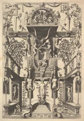 Fantastic Architecture Structure with Strapwork and Two Pergolas and a Small Scene with Vu..., 1557.    1181249   no       norwegian Successfully Translated  Original: Landscape Garden Estate. Translat: Landscape Garden Estate. 1202985 no norwegian Success