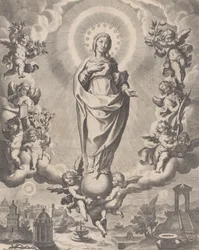 Jomfruen i herlighet, stående på skyer og omgitt av engler som holder symbolene ..., 1595-1633.