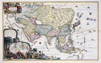 Kart over Asia, ca. 1696 (håndfarget gravering)