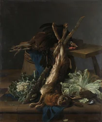 Stilleben med hare og en svart hane