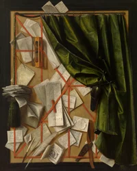 Trompe-l#39;œil: Brevstativ med timeglass, barberhøvel og saks, ca. 1664 (olje på lerret)