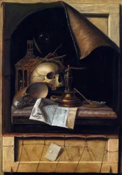 ""Nature morte a la vanite"" (Vanitas stilleben) Peinture de Cornelis Norbertus Gysbrechts ou Gijsbrechts (1630 - 1675) Olje på lerret Dim 89x62 cm Privat samling