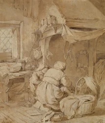 Farmhouse Parlor with Farmer, Cradle and Child, ca. 1654 (penn og blekk og pensel over blyant på papir)