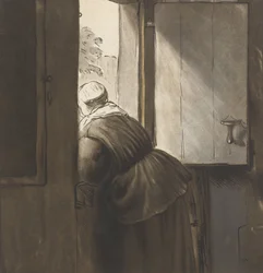 A Woman Leaning on the Bottom Door, etter Rembrandt van Rijn