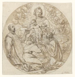 Maria med barnet tilbedt av den hellige Ignatius av Loyola, den hellige Frans Xavier og en hellig munk