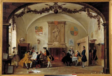 Allegori om krig mot Frankrike Nederlandske soldater studerer strategier under den spanske arvefølgekrigen (1701-1714) mellom Frankrike og Spania og en koalisjon dannet av England, Nederland og Preussen. Maleri av Cornelis Troost (1697-1750) 1747 Ha