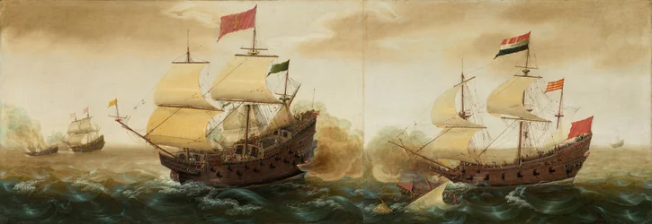 Et sjømøte mellom nederlandske og spanske krigsskip, ca. 1618–1620 (olje på panel)
