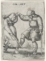 En mann med en bandasjert fot danser med en kvinne, 1572 (gravering på lagt papir)