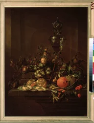 "Still life of winter fruits with a goblet" (Still life with a goblet) Appelsin, sitron, valnøtter, hasselnøtter, kastanjer (kastanjer?), østers, erter, rips, snegler, kirsebær Maleri av Cornelis de Heem (1631-1695) rundt 1680 Pushkin Museum, Mo