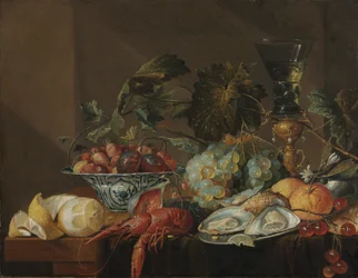 Stilleben med kreps, østers og frukt, sent på 1600-tallet eller tidlig på 1700-tallet (olje på lerret)
