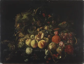 Stilleben med blomster og frukt