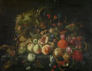 Stilleben med blomster og frukt, ca. 1670 (olje på lerret)