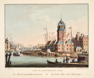 Utsikt over Amsterdam No.10. Fra Haringspakkerstoren. La Tour dit aux Harengs, 1825 (håndfarget gravering)