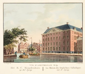 Utsikt over Amsterdam No.19. Het R.C. Maagdenhuis op het Spuij. Huset til katolske foreldreløse barn på Spuij, 1825 (håndfarget gravering)