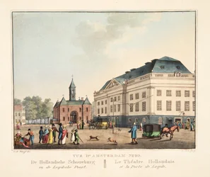 Utsikt over Amsterdam nr. 20. De Hollandsche Schouwburg en de Leydsche Poort. Det nederlandske teateret og havnen i Leyden, 1825 (håndfarget gravering)