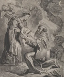 Visjonen om Saint Francis, knelende til høyre, mottar Kristusbarnet fra Jomfruen..., 1650.