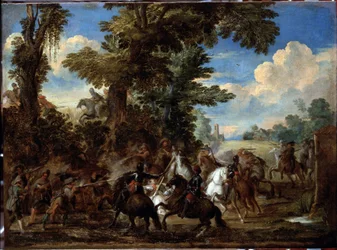 Kampscene (Slagscene) Maleri av Cornelis De Wael (1592-1667) (ec flam) Dim 75x100 cm Genes, Musei di Strada Nuova (tidligere Palazzo Bianco)