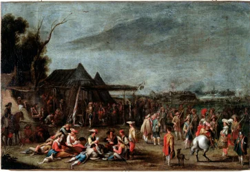 Bivouac de soldats (soldatenes bivuak) Maleri av Cornelis De Wael (1592-1667) 1600-tallet Dim 50x75 cm Genes, Musei di Strada Nuova (ex Palazzo Bianco)