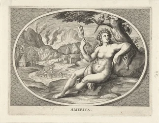 Kvinnelig personifisering av kontinentet Amerika som en kvinne med fjærhodeplagg og en pil i et landskap Amerika (tittel på objekt)