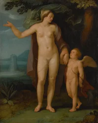 Nederlandsk: Venus en Cupido Venus og Cupido i et landskap