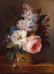 Stilleben av blomster i en kurv (olje på lerret)