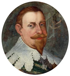 Gustave II Adolf (1594-1632), kjent som The Great eller The Lion of the North, King of Sweden - Maleri av Cornelius Arendtz (1590-1655), olje på lerret (26x23,5 cm)