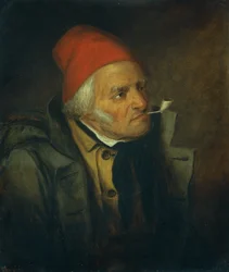 Mann med rød hatt og rør (olje på lerret)