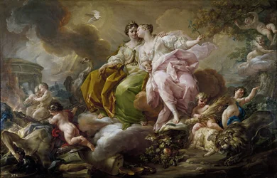 Rettferdighet og fred - Maleri av Corrado Giaquinto (1703-1766) - ca. 1754 - Olje på lerret - 216x325 cm - Rokokkostunst - Museo del Prado, Madrid