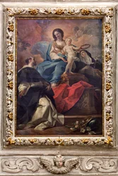 SS Salvatore-kirken, interiør, Rosenkransalteret, Vår Frue av Rosenkransen, lerret av Corrado Giaquinto (1703–1766), Poggiardo, Lecce, Puglia (foto)
