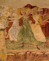 Desperasjon av tjenestepiker av Proserpine, detalj fra Triumph of Ceres, scene fra august måned, tilskrevet Cosimo Tura og Master of Ercole, freskomaleri, nordvegg, Hall of Months, Palazzo Schifanoia (Gledens palass), Ferrara, Italia, rundt 1470