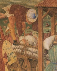 Kjøpmann på jobb, detalj fra Triumph of Ceres, scene fra august måned, tilskrevet Cosimo Tura