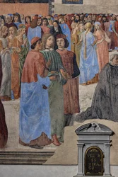 Gruppen av nyplatoniske humanister' (fra venstre, Marsilio Ficino, Giovanni Pico della Mirandola og Agnolo Poliziano): detalj av 'Miracle of the Sacrament', fresco (fresco)