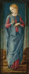 Jomfru Maria bebuder [midtre høyre panel], ca. 1470–1480 (tempera og distemper på panelet)